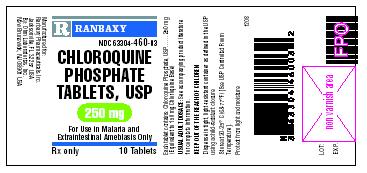 This is the 10 count bottle carton label for Chloroquine Phosphate tablets, USP 250 mg.