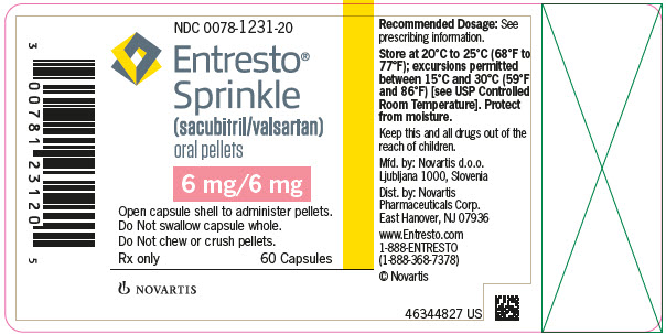 PRINCIPAL DISPLAY PANEL
								NDC 0078-1231-20
								Entresto® Sprinkle
								(sacubitril/valsartan) oral pellets
								6 mg/6 mg
								Open capsule shell to administer pellets.
								Do Not swallow capsule whole.
								Do Not chew or crush pellets.
								Rx only
								60 Capsules
								NOVARTIS