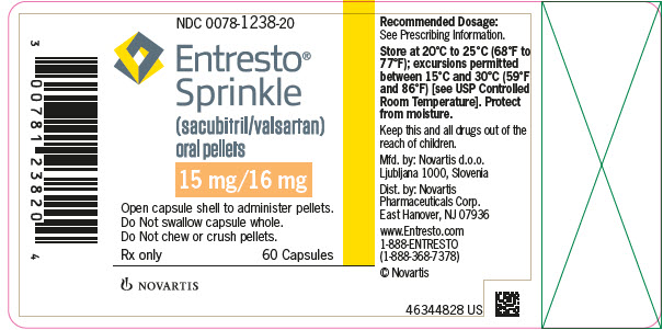 PRINCIPAL DISPLAY PANEL
								NDC 0078-1238-20
								Entresto® Sprinkle
								(sacubitril/valsartan) oral pellets
								15 mg/16 mg
								Open capsule shell to administer pellets.
								Do Not swallow capsule whole.
								Do Not chew or crush pellets.
								Rx only
								60 Capsules
								NOVARTIS