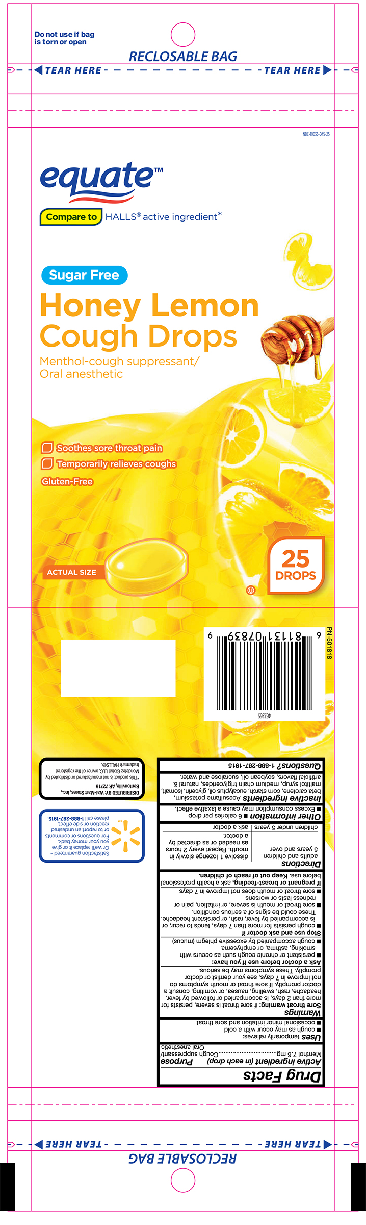 Equate SF Honey Lemon 25ct Cough Drops