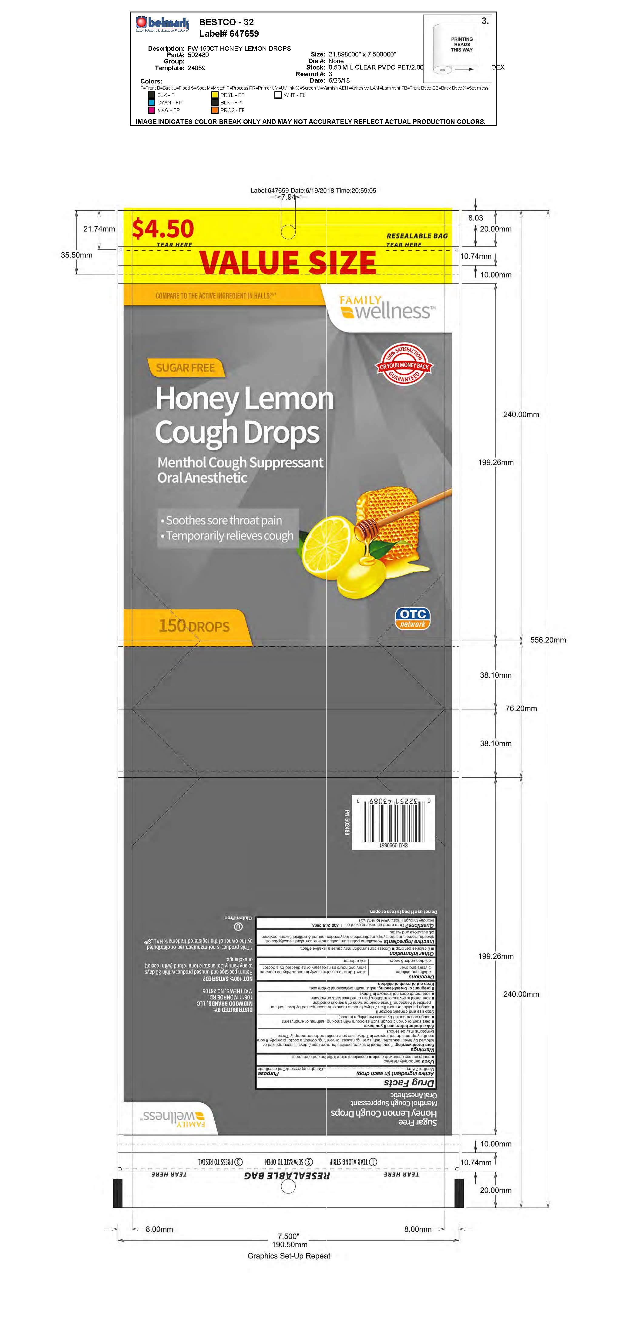 Family Wellness SF Honey Lemon 150ct Cough Drops