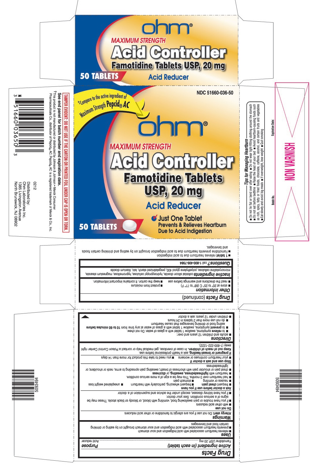 This is the 50 count bottle carton label for Famotidine tablets USP, 20 mg.