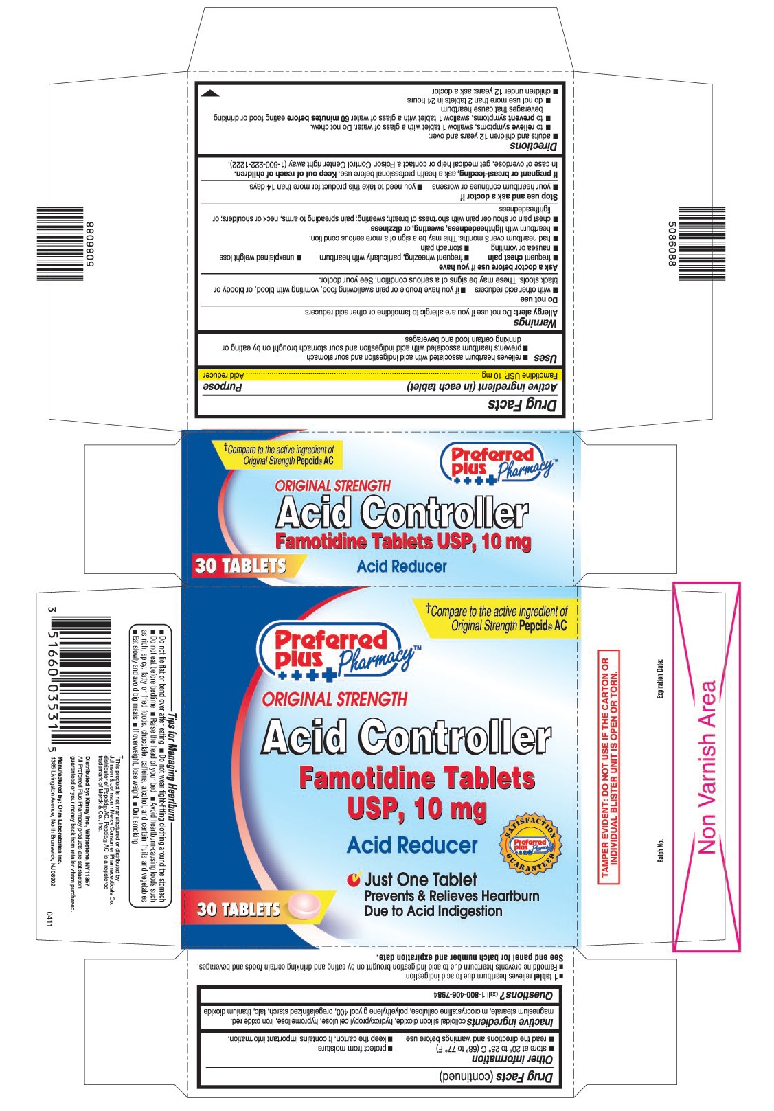 This is the 30 count blister carton label for Preferred Plus Famotidine Tablets USP, 10 mg.