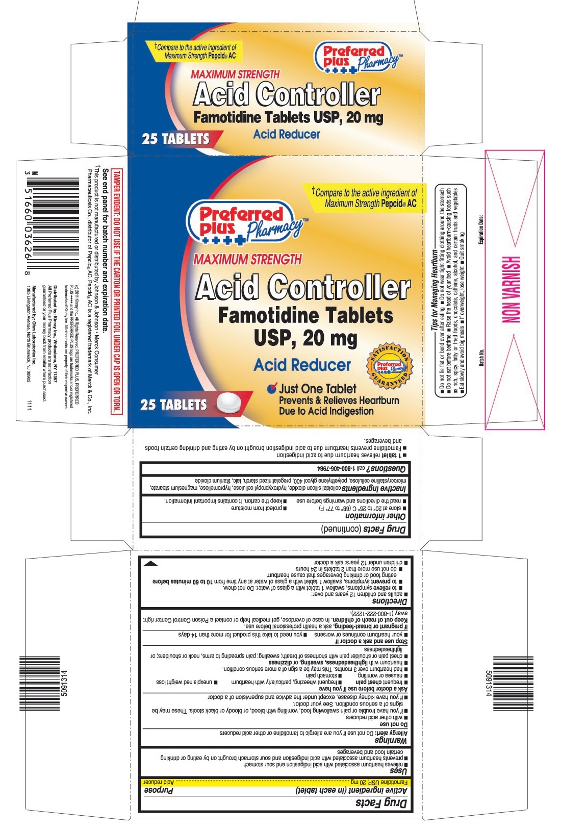 This is the 25 count blister carton label for Preferred Plus Famotidine tablets USP, 20 mg.