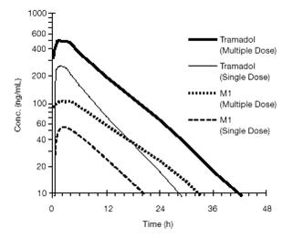 Figure 1: Mean Tramadol and M1 Plasma Concentration Profiles after a Single 100 mg Oral Dose and after Twenty-Nine 100 mg Oral Doses of Tramadol Hydrochloride given four times per day.