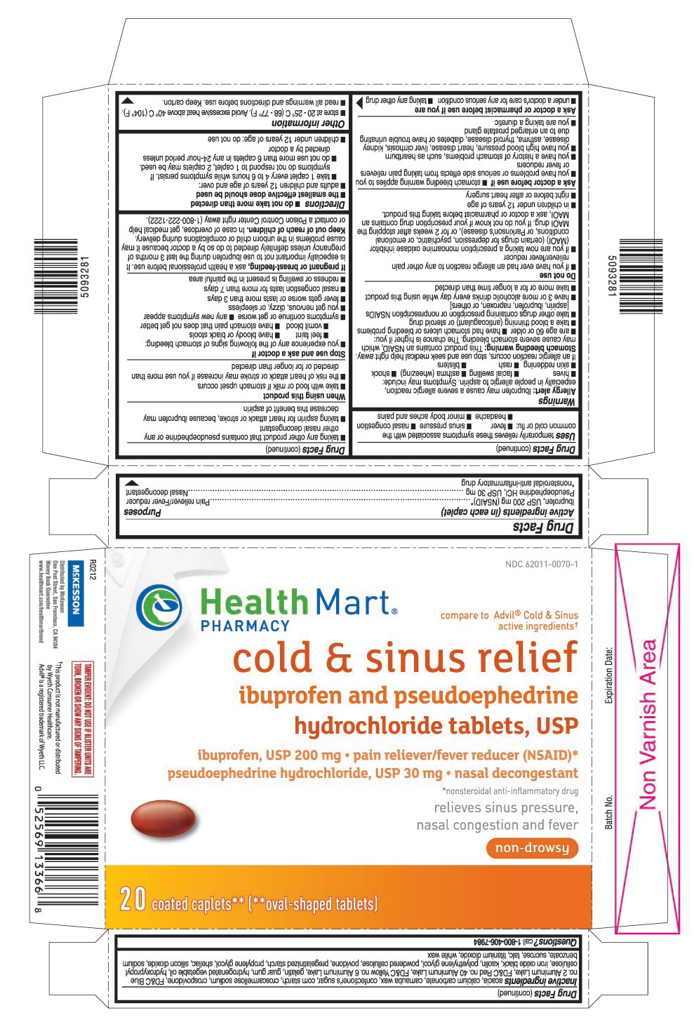 This is the 20 count blister carton label for Health Mart ibuprofen & pseudoephedrine hydrochloride tablets, USP.