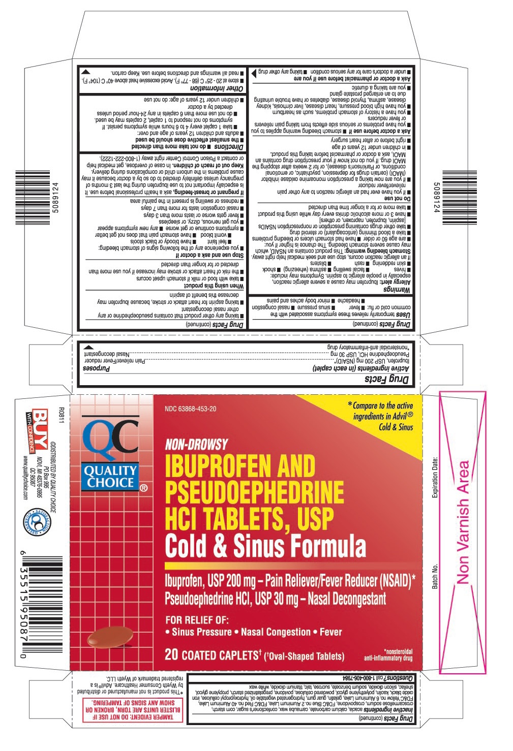 This is the 20 count blister carton label for Quality Choice Ibuprofen and Pseudoephedrine HCl Tablets, USP.