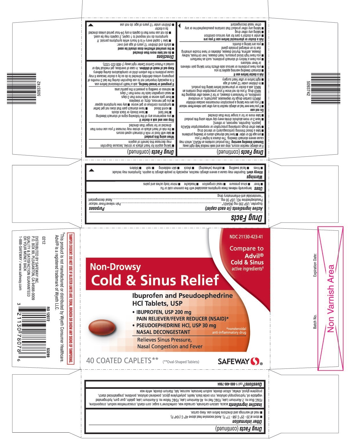 This is the 40 count blister carton label for Safeway Ibuprofen and Pseudoephedrine HCl tablets, USP.