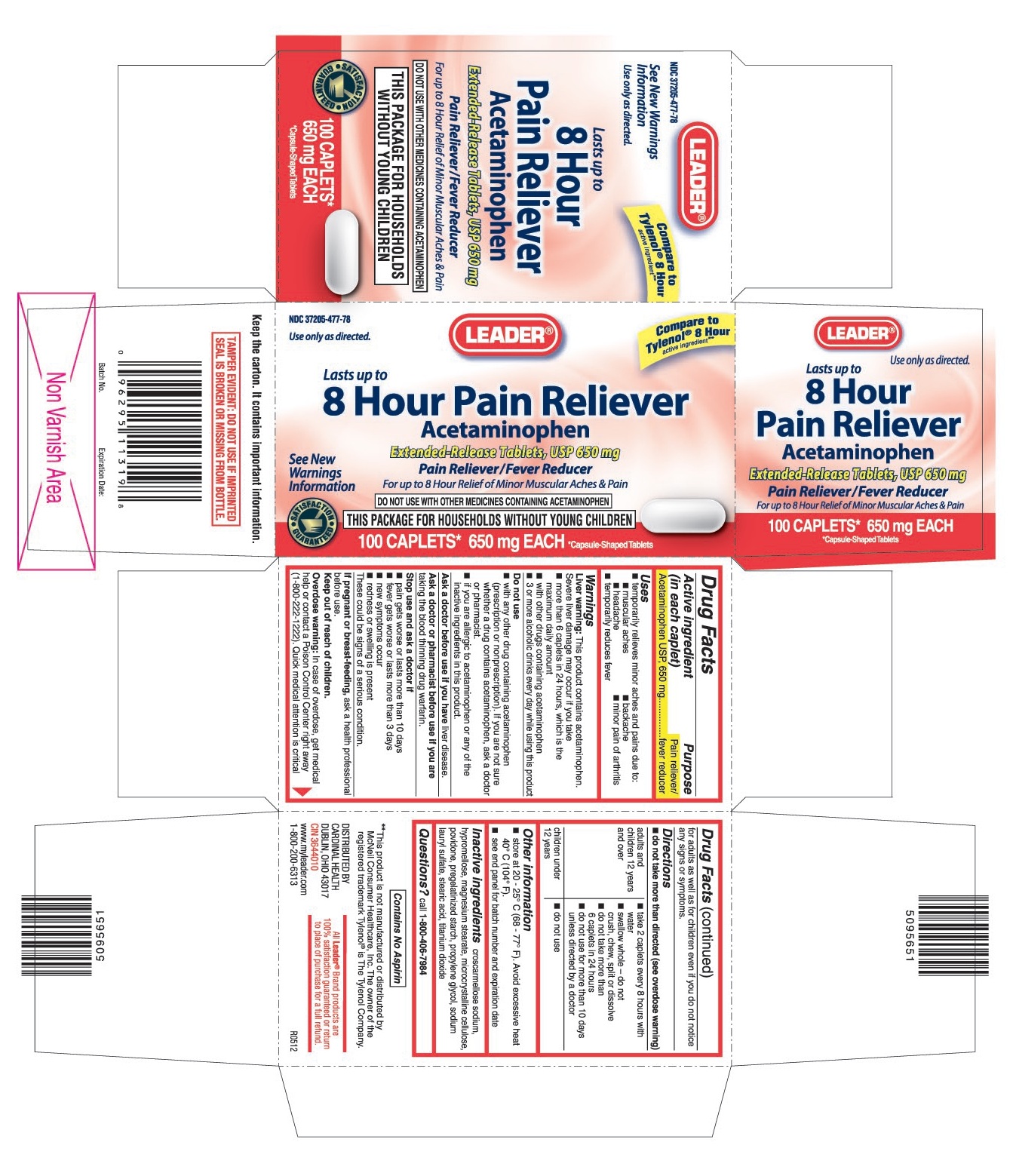 This is the 100 count bottle carton label for Leader Acetaminophen (8 hour) extended-release tablets, USP 650 mg.