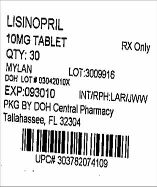 Lisinopril 10 mg in blister pack of 30 Tablets