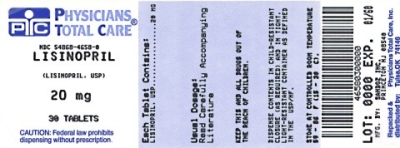 image of Lisinopril 20 mg package label