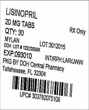 Lisinopril 20 mg in blister pack of 30 Tablets