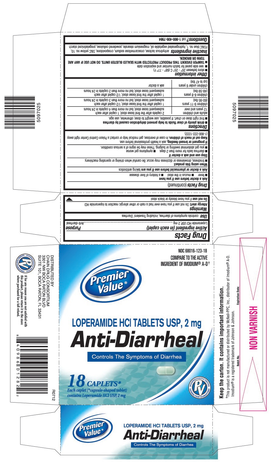 This is the 18 count blister carton label for Loperamide HCl tablets USP, 2 mg.
