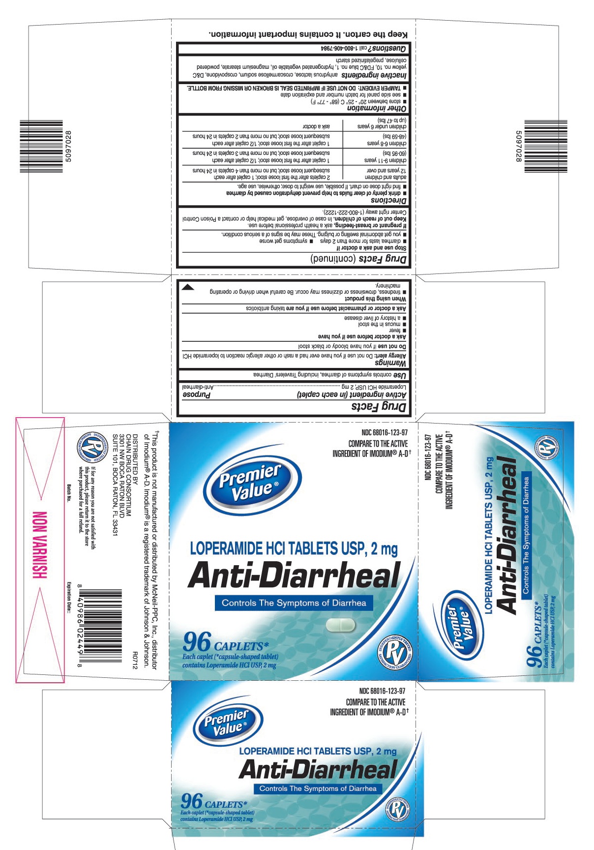This is the 96 count bottle carton label for Loperamide HCl tablets USP, 2 mg.