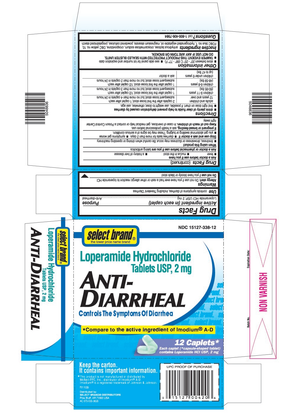 This is the 12 count blister carton label for Select Brand Loperamide HCl tablets USP, 2 mg.
