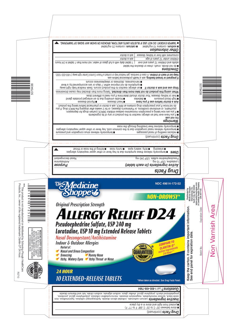 This is the blister carton label for Medicine Shoppe 10 count Allergy Relief D24 film coated, extended-release tablets.