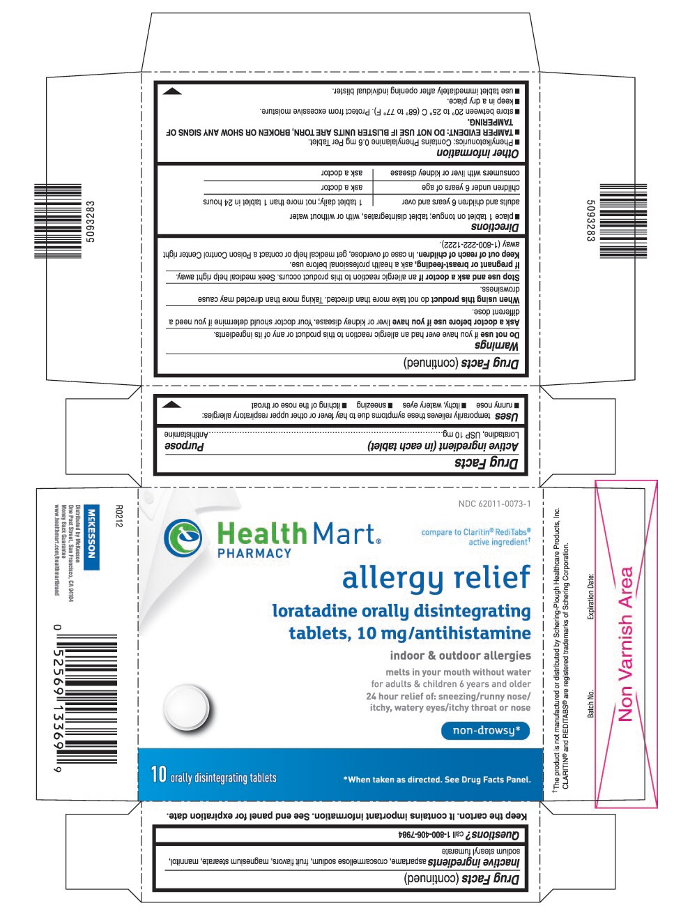 This is the 10 count blister carton label for Health Mart Loratadine ODT, 10 mg.