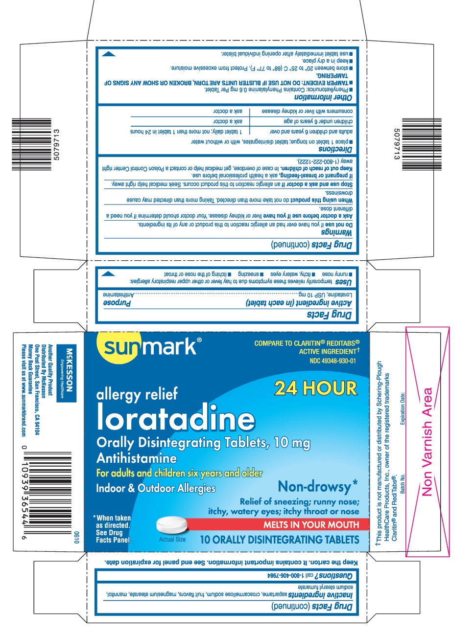 This is the 10 count blister carton label for Sunmark Loratadine ODT, 10 mg.