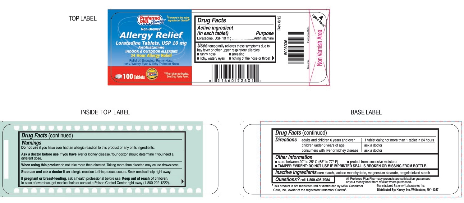 This is the 100 count bottle label for Kinray Loratadine tablets, USP 10 mg.