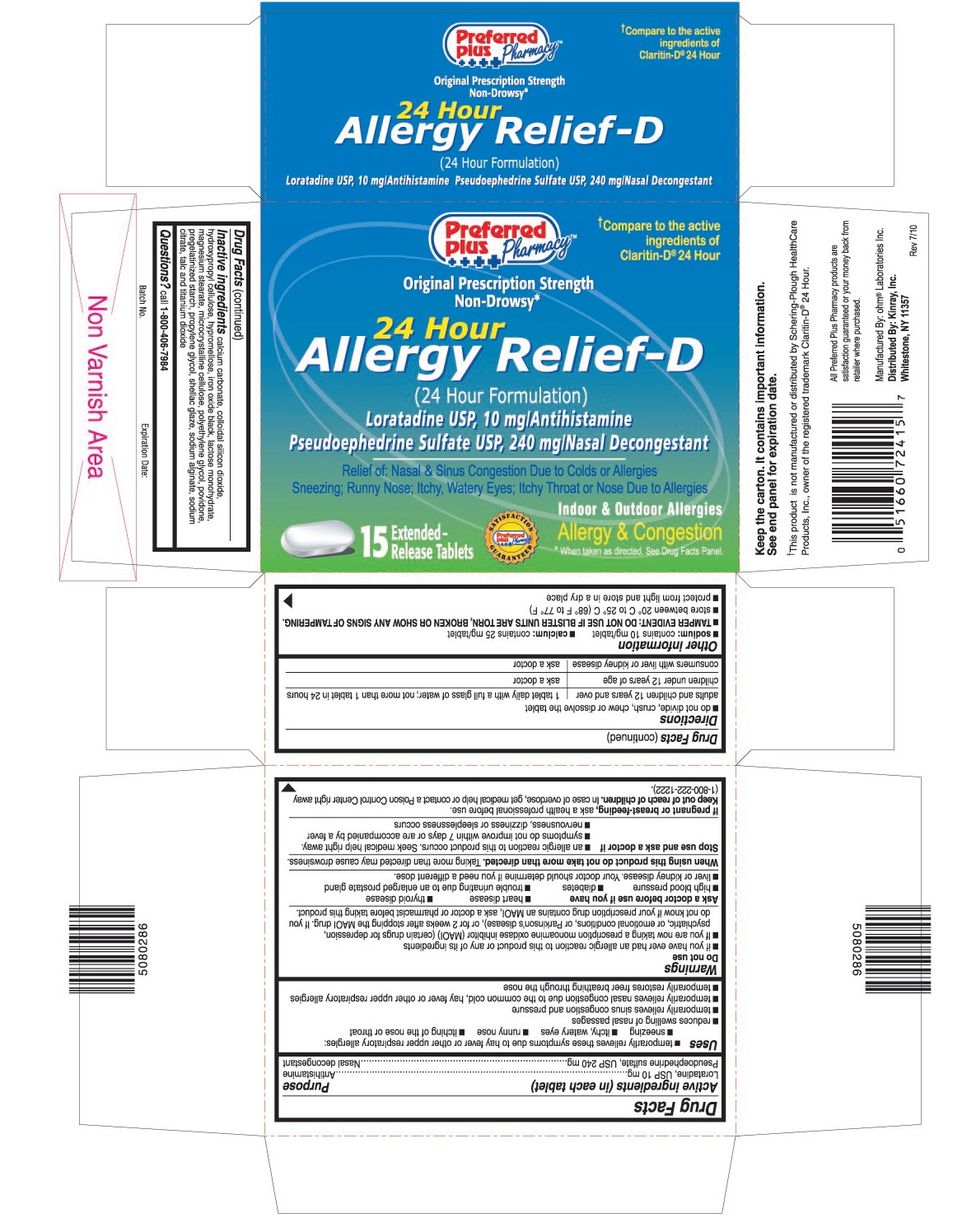 This is the 15 count blister carton label for Preferred Plus Loratadine D extended-release tablets.