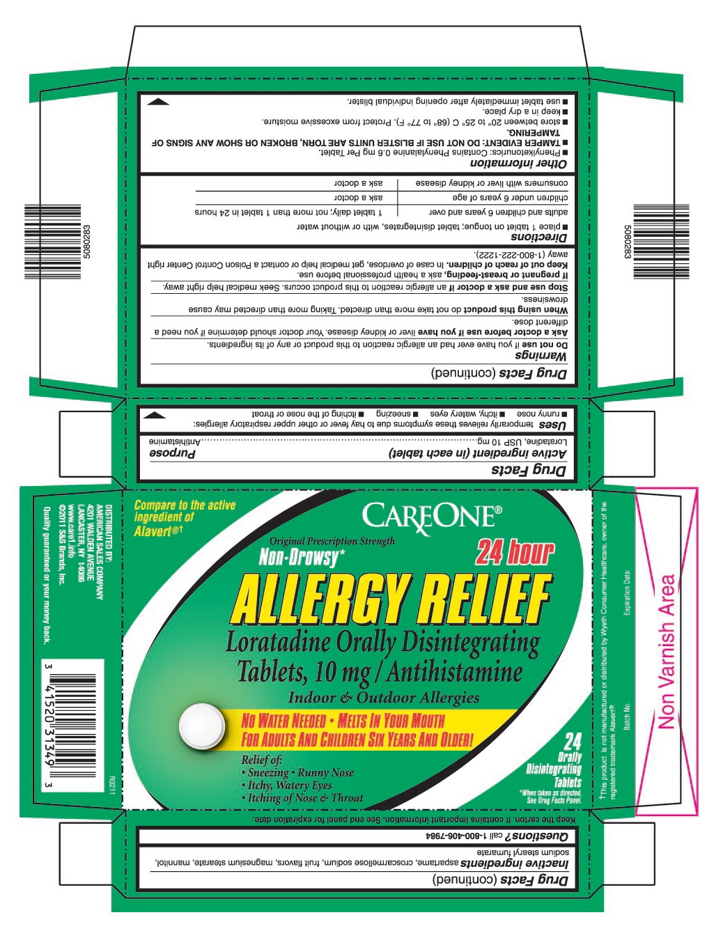 This is the 24 count blister carton label for Careone Loratadine ODT, 10 mg.