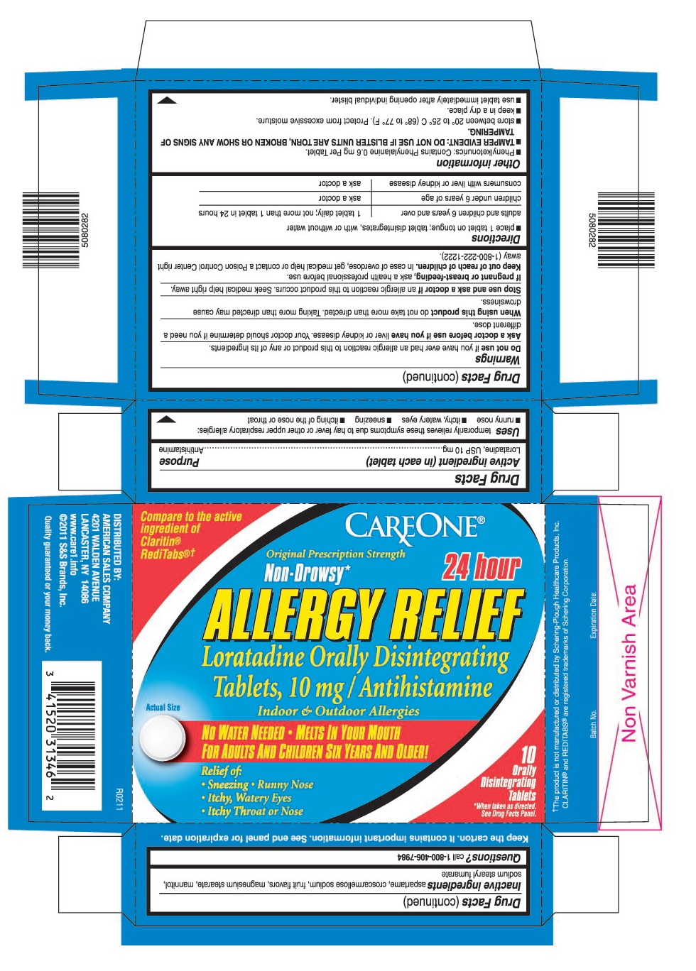 This is the 10 count blister carton label for Careone Loratadine ODT, 10 mg.