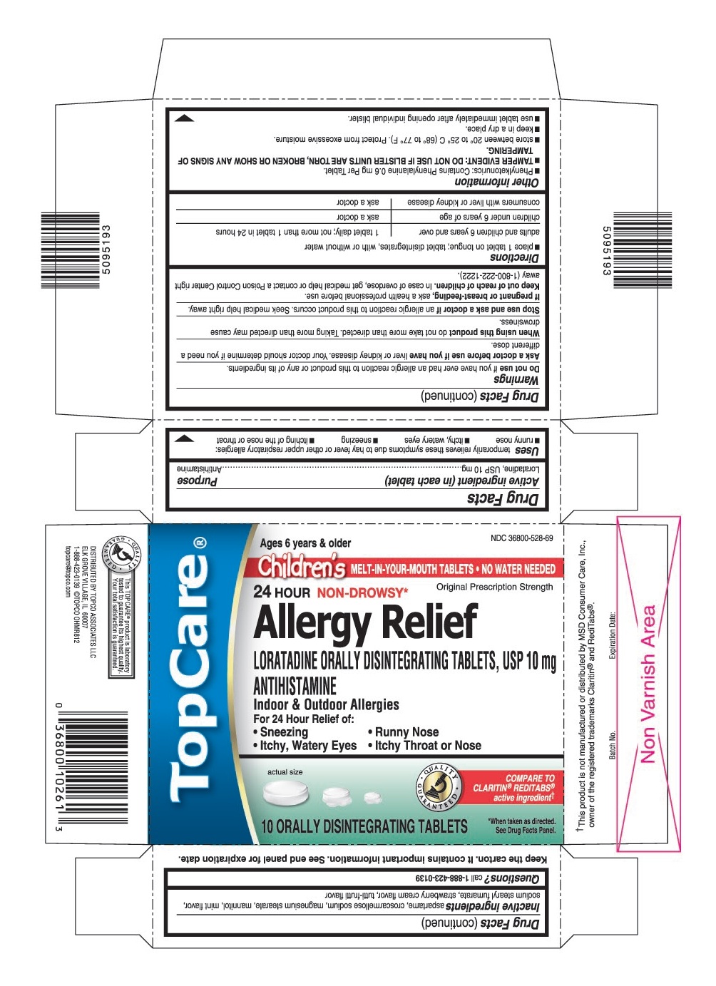 This is the 10 count blister carton label for TopCare Loratadine ODT, USP 10 mg (Children's).