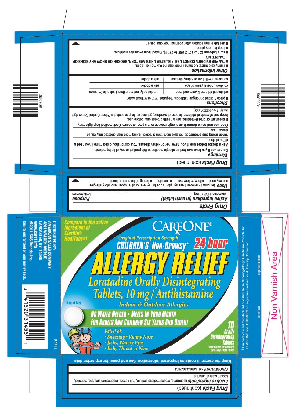 This is the bottle carton label for Careone 10 count Loratadine ODT, 10 mg (Claritin Kids).