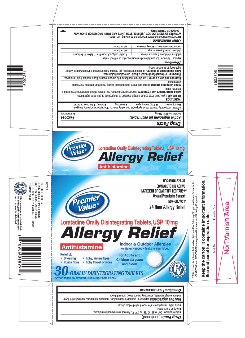This is the 30 count blister carton label for Premier Value Loratadine ODT, USP 10 mg.