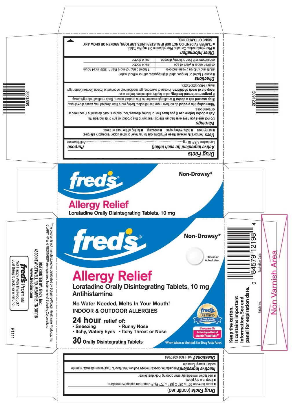 This is the 30 count blister carton label for Fred's Loratadine ODT, 10 mg.