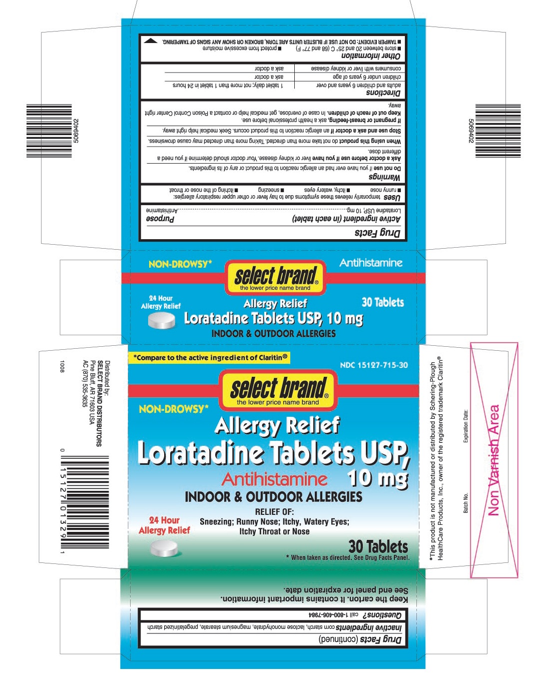 This is the 30 count blister carton label for Select Brand Loratadine tablets.