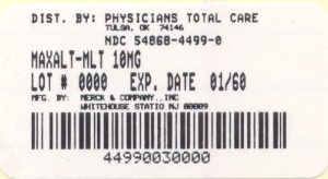 image of Maxalt-Mlt 10 mg package label