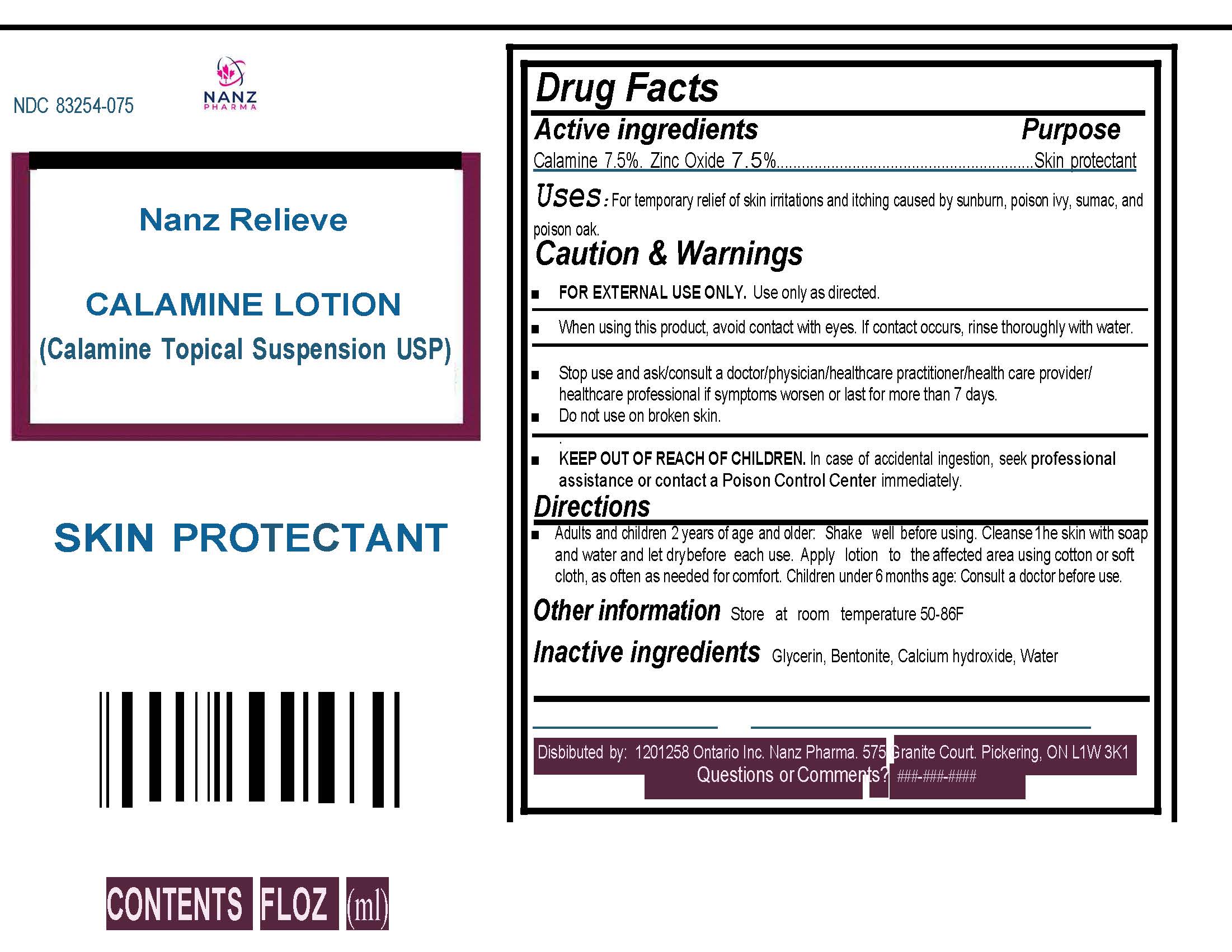 Nanz  Relieve Calamine Lotion Label 
