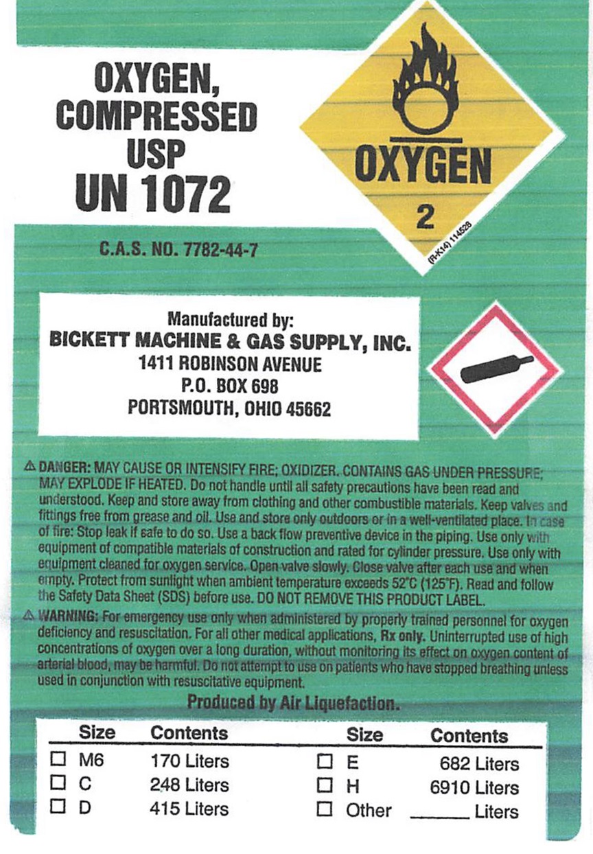 Bickett Compressed Oxygen Label