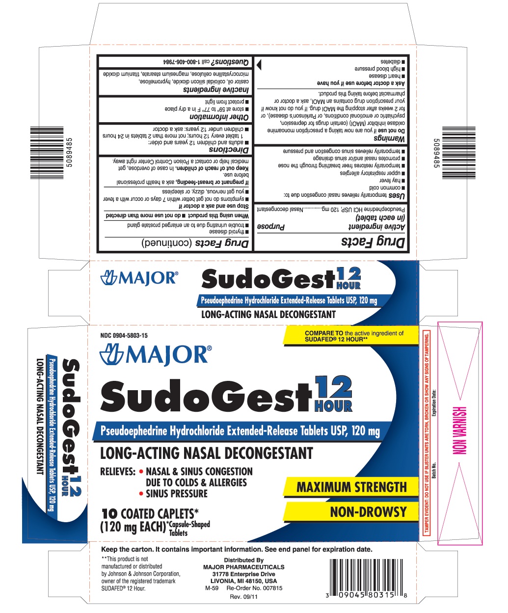 This is the 10 count blister carton label for Major SudoGest 12 hour caplets.