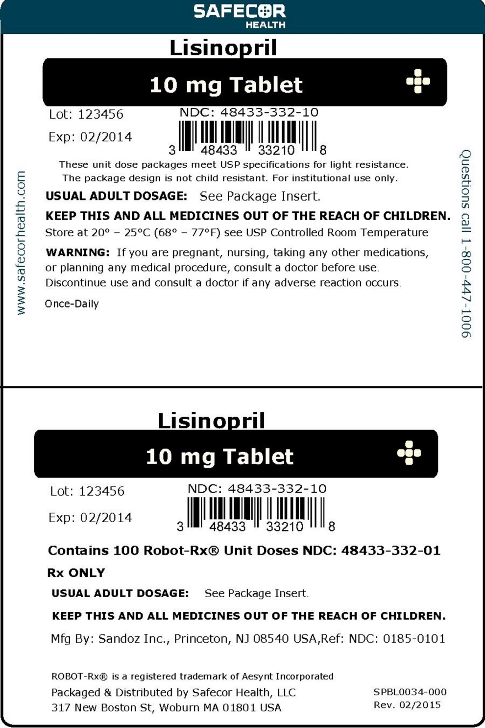 Safecor Health Lisinopril 10 mg  Robot Ready Label