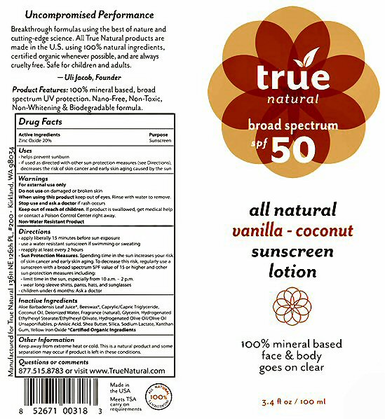 True Natural SPF50 Lotion Label