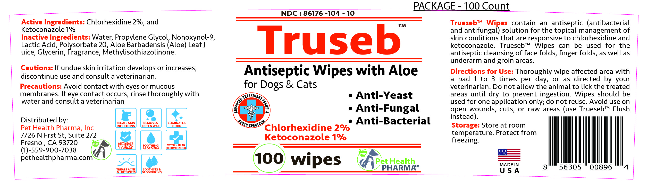 Truseb Antiseptic Wipes with Aloe for Dogs And Cats 100 count