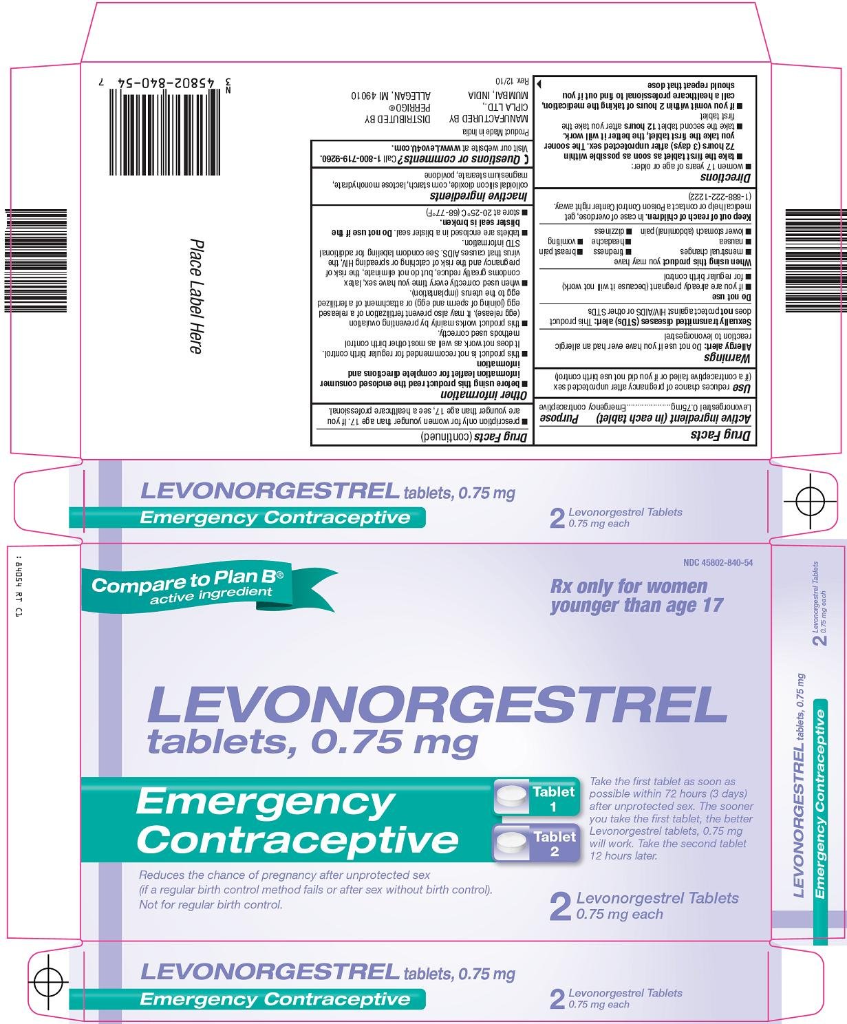 Levonorgestrel tablets, 0.75mg Emergency Contraceptive Carton