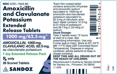 Amoxicillin and Clavulnate Potassium 1000 mg/62.5 mg Label
