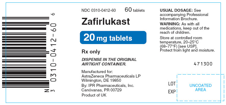 Zafirlukast 20mg - 60 tablet count bottle label