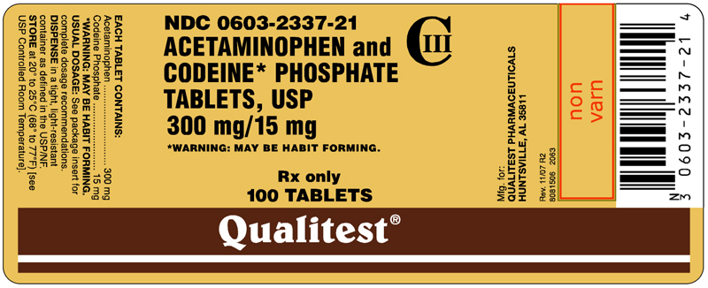 This an image for Acetaminophen and Codeine Phosphate Tablets, USP 300 mg/15 mg 100 count label.