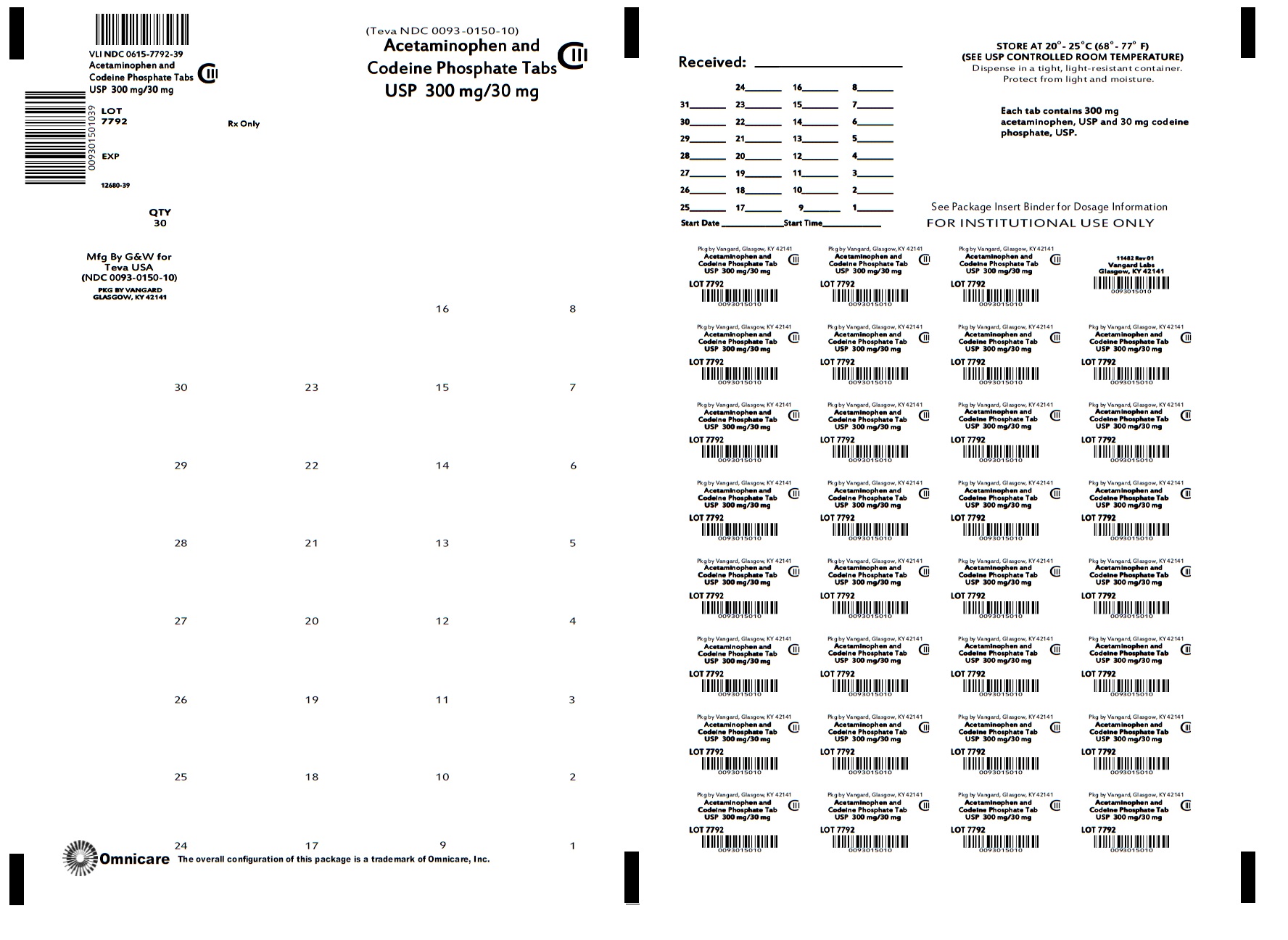 Acetaminophen and Codeine Phosphate Tabs 300mg/30mg bingo card label