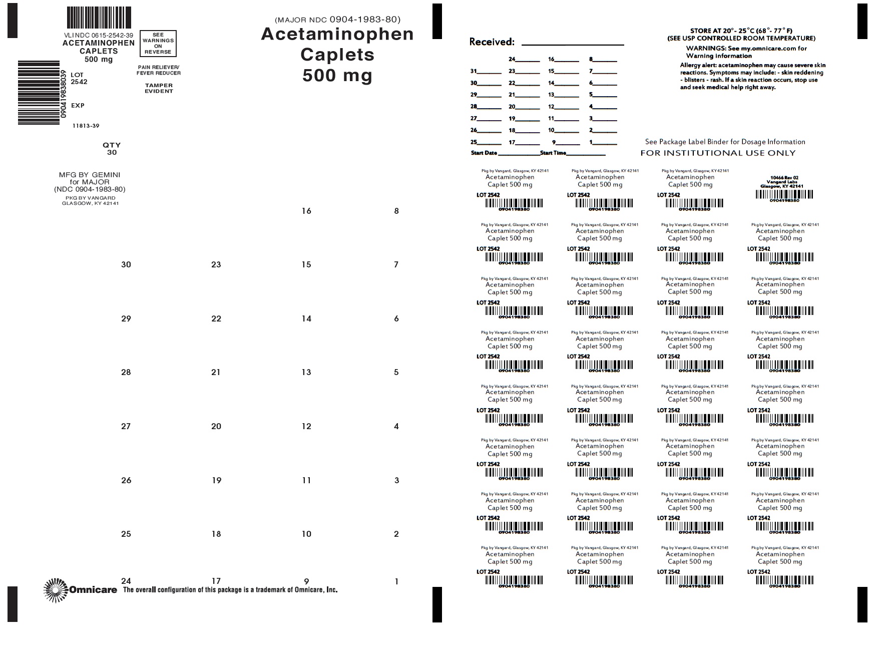 Acetaminophen Caplet 500mg bingo card label