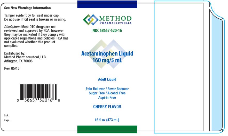 PRINCIPAL DISPLAY PANEL
NDC 58657-520-16
Acetaminophen Liquid
160 mg/5 Ml
Adult Liquid
Pain Reliever / Fever Reducer
Sugar Free / Alcohol Free
Aspirin Free
CHERRY FLAVOR
16 fl oz (473 mL)
