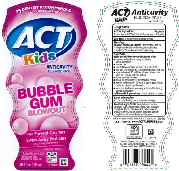 #1 DENTIST RECOMMENDED
KID’s RINSE BRAND
ACT Kids
Anticavity 
Fluoride Rinse
Bubble Gum Blowout
16.9 fl oz (500 mL)
