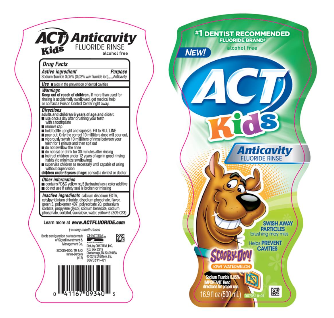 ACT  Kids
Anticavity Fluoride Rinse
 Scooby-Doo! Kiwi Watermelon
Sodium Fluoride 0.05%
16.9 fl oz (500 mL)
