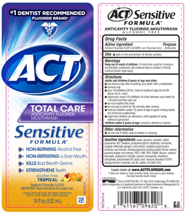 #1 DENTIST RECOMMENDED
FLUORIDE BRAND
ACT® 
TOTAL CARE
ANTICAVITY FLUORIDE MOUTHWASH
Sensitive FORMULA
alcohol free
Tropical
Sodium Fluoride 0.02%
18 fl oz (532 mL)
