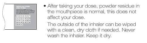 Powder residue is normal; do not wash inhaler