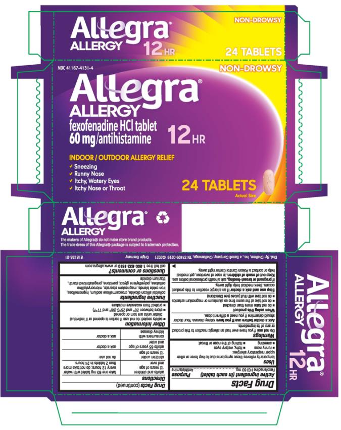 NDC 41167-4131-4
Allegra
ALLERGY
60 mg/ antihistamine
12 HR
24 TABLETS
